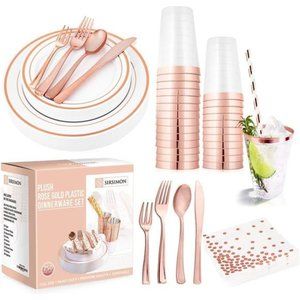 250Piece Disposable Rose Gold Plastic Dinnerware Set-50 Rose Gold Plastic Plates